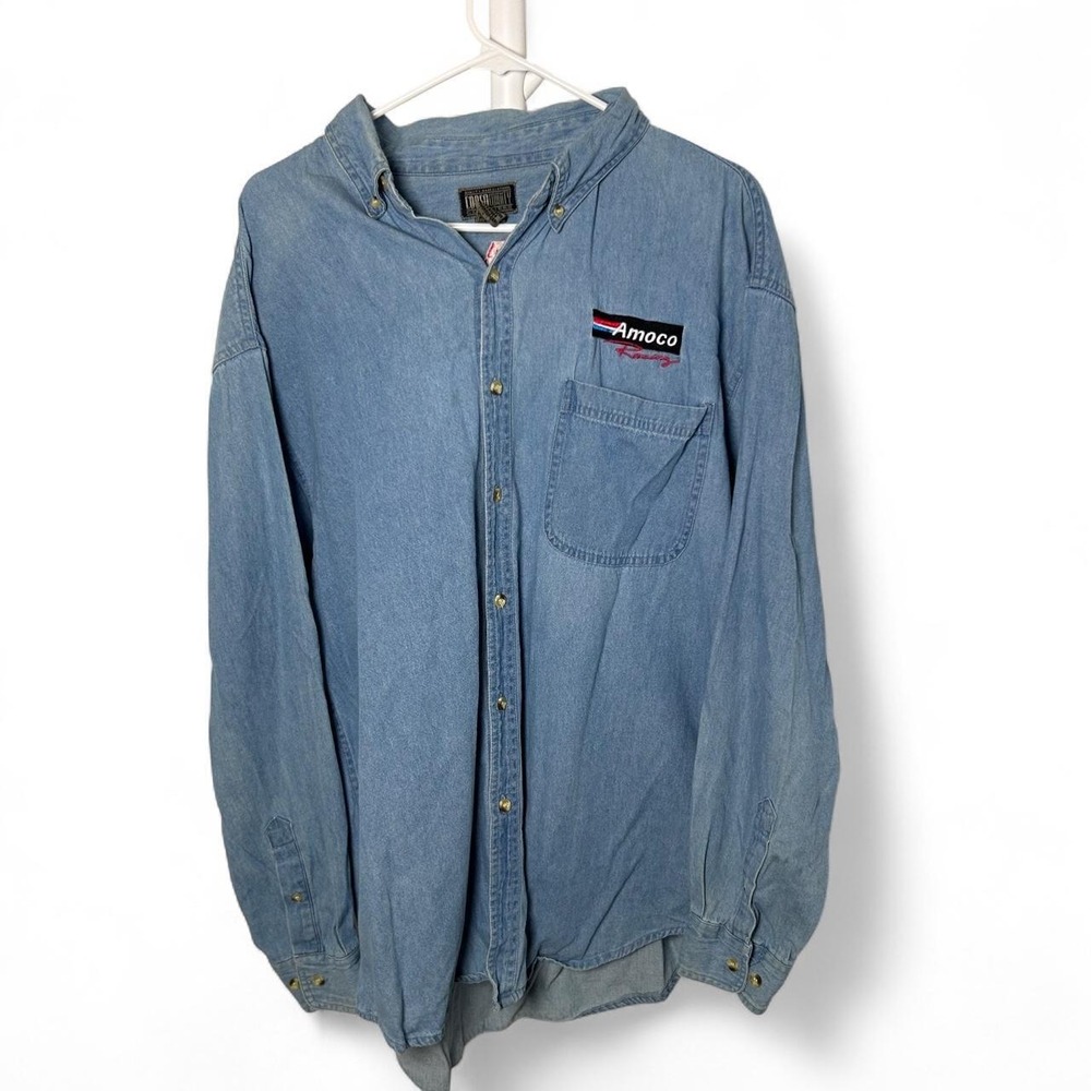 Amoco Racing blue denim button-up shirt with embroidered logo #racing NASCAR